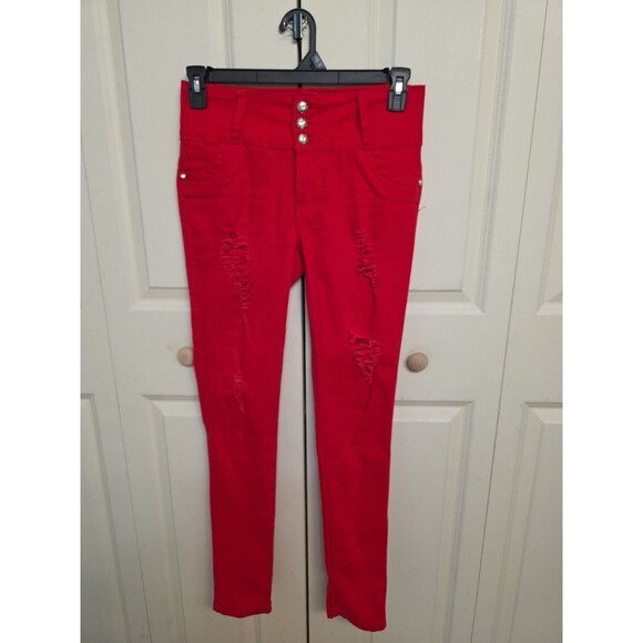 Silver Diva Colombian Butt Lift Push Up Red Skinny Jeans Size 9 High Waist Stret - Picture 1 of 9